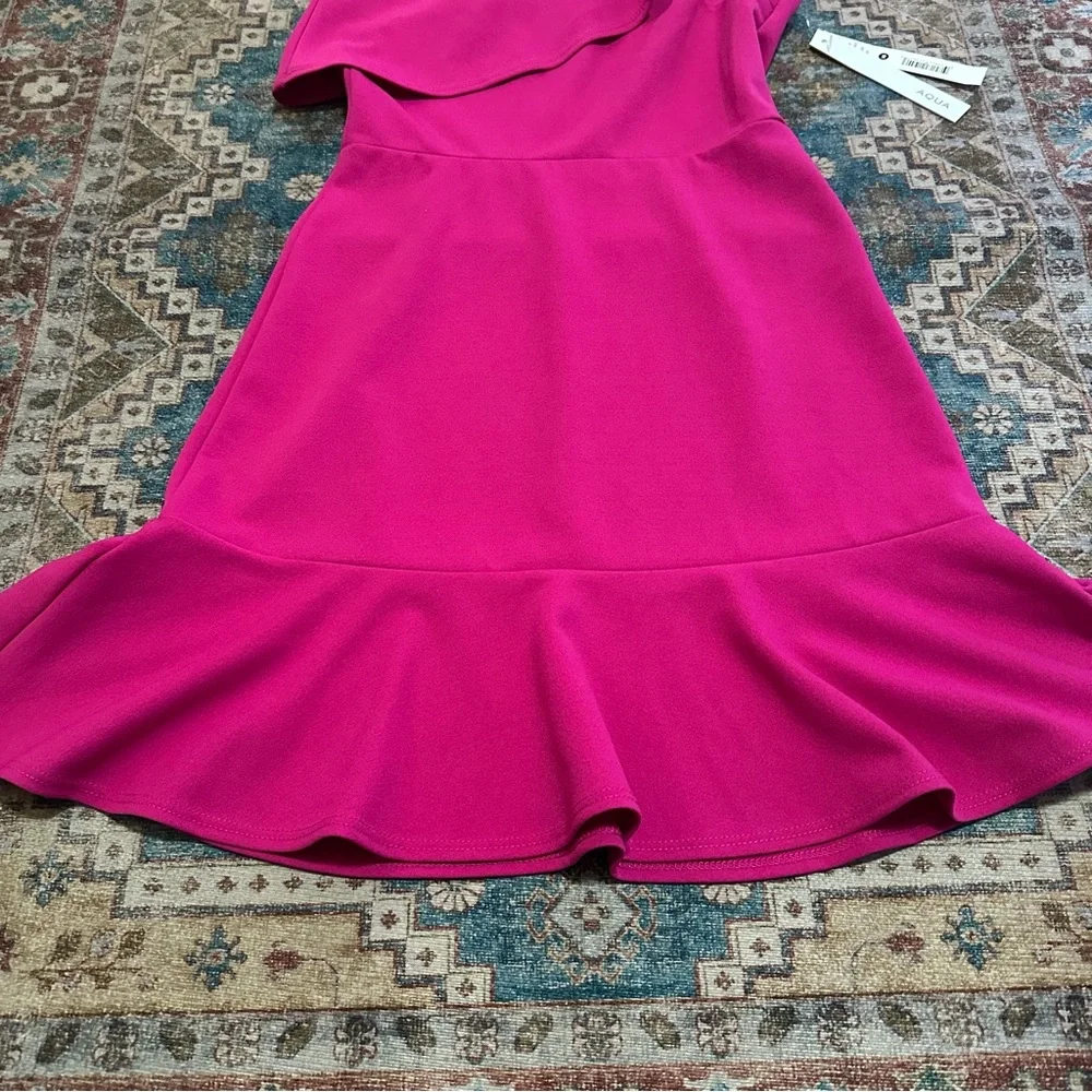 NWT AQUA• Pink Scuba Ruffled One-Shoulder Flounce Sheath Dress XS NEW $88 - Picture 6 of 9